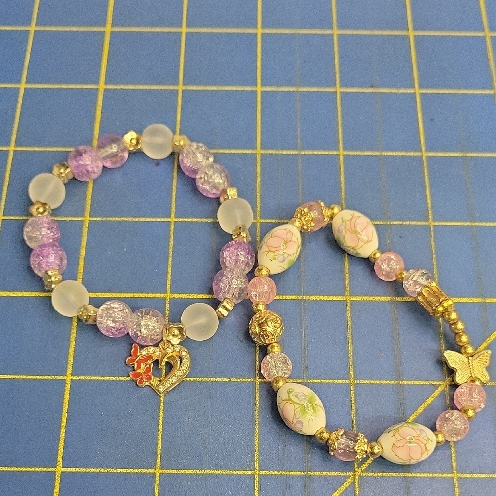 Purple Pink Gold Tone Bead 8" Bracelets Set
